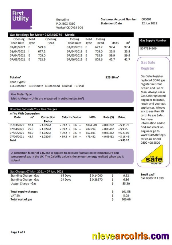 United Kingdom Warwick First Utility bill